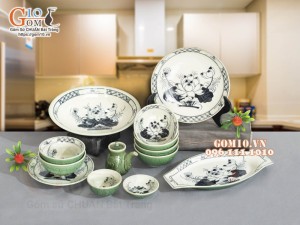 Bộ đồ ăn đồng xanh vẽ Sen, 13 chi tiết