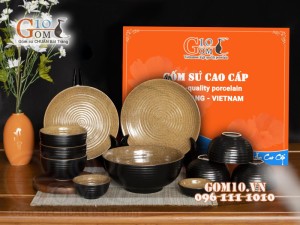 Bộ đồ ăn gốm vàng Bát Tràng, 11 chi tiết