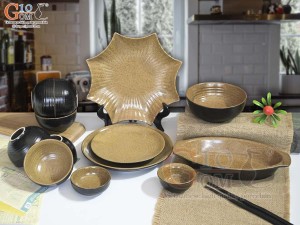 Bộ đồ ăn gốm vàng cao cấp Bát Tràng, 13 chi tiết