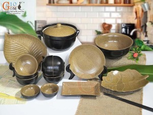 Bộ đồ ăn gốm vàng cao cấp Bát Tràng, 14 chi tiết