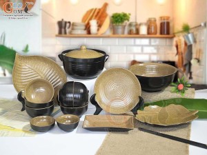 Bộ đồ ăn gốm vàng cao cấp Bát Tràng, 14 chi tiết