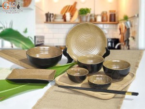 Bộ đồ ăn gốm vàng cao cấp Bát Tràng, 7 chi tiết