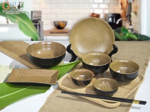 Bộ đồ ăn gốm vàng cao cấp Bát Tràng, 7 chi tiết