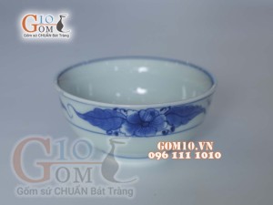 Bộ đồ ăn hoa mặt trời dáng cuốn thư men lam cổ vẽ sen 01
