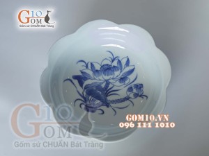 Bộ đồ ăn hoa mặt trời dáng cuốn thư men lam cổ vẽ sen 01