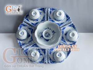 Bộ đồ ăn hoa mặt trời dáng cuốn thư men lam cổ vẽ sen 01