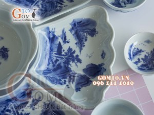 Bộ đồ ăn hoa mặt trời men cổ vẽ cảnh Sơn Thủy