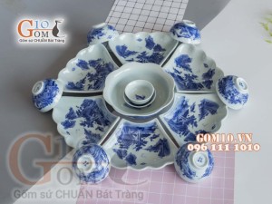 Bộ đồ ăn hoa mặt trời men cổ vẽ cảnh Sơn Thủy