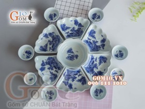 Bộ đồ ăn hoa mặt trời men cổ vẽ cảnh Sơn Thủy