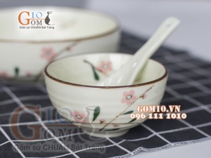 Bộ đồ ăn hoa mặt trời men kem vẽ Đào phai 55cm, 13 chi tiết