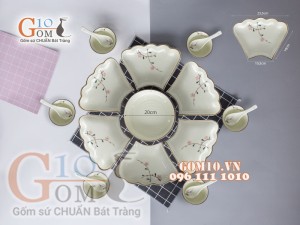 Bộ đồ ăn hoa mặt trời men kem vẽ Đào phai 55cm, 13 chi tiết