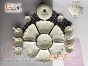 Bộ đồ ăn hoa mặt trời men kem vẽ Đào xanh 55cm, 16 chi tiết