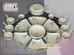 Bộ đồ ăn hoa mặt trời men kem vẽ hoa Sen xanh 55cm, 16 chi tiết