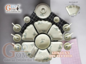 Bộ đồ ăn hoa mặt trời men kem vẽ hoa Sen xanh 55cm, 16 chi tiết