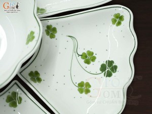 Bộ đồ ăn hoa mặt trời men lam cổ vẽ cỏ ba lá, đường kính 45cm