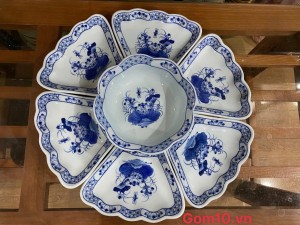 Bộ đồ ăn hoa mặt trời men lam cổ vẽ hoa Sen 7 chi tiết, đường kính 45cm