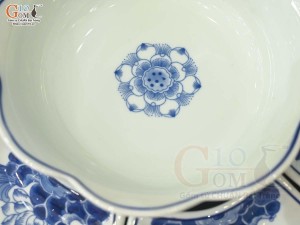 Bộ đồ ăn hoa mặt trời men lam cổ vẽ hoa Sen dây, đường kính 45cm