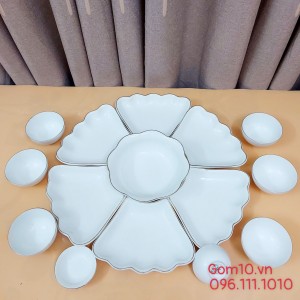 Bộ đồ ăn Hoa Mặt Trời men trắng kẻ chỉ vàng kim, 15 chi tiết