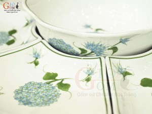 Bộ đồ ăn hoa mặt trời men trắng vẽ Cẩm Tú Cầu, đường kính 45cm