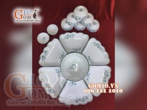 Bộ đồ ăn Hoa Mặt Trời men kem vẽ Sen xanh - Chỉ xanh