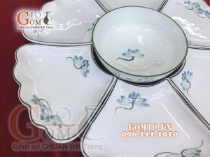 Bộ đồ ăn Hoa Mặt Trời men kem vẽ Sen xanh - Chỉ xanh