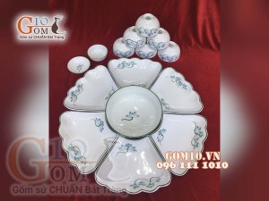 Bộ đồ ăn Hoa Mặt Trời men kem vẽ Sen xanh - Chỉ xanh