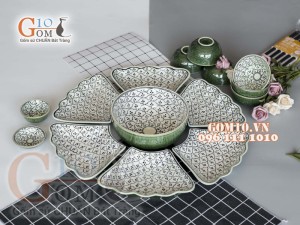 Bộ đồ ăn Hoa Mặt Trời vẽ Bèo cổ khắc hoa 55cm
