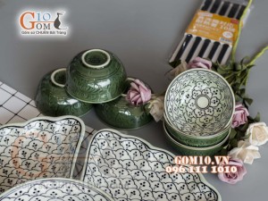 Bộ đồ ăn Hoa Mặt Trời vẽ Bèo cổ khắc hoa 55cm
