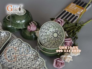 Bộ đồ ăn Hoa Mặt Trời vẽ Bèo cổ khắc hoa 55cm
