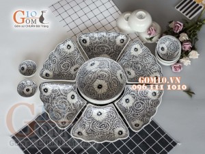 Bộ đồ ăn Hoa Mặt Trời vẽ hoa dây nhuyễn tràm cổ