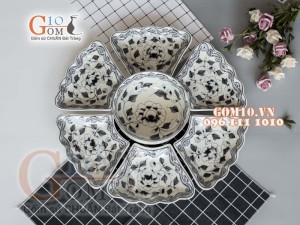 Bộ đồ ăn Hoa Mặt Trời vẽ Lá sun tràm