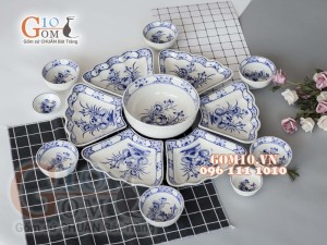 Bộ đồ ăn Hoa Mặt Trời vẽ Sen xanh viền cổ 55cm