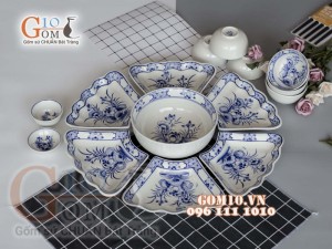 Bộ đồ ăn Hoa Mặt Trời vẽ Sen xanh viền cổ 55cm