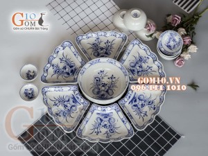 Bộ đồ ăn Hoa Mặt Trời vẽ Sen xanh viền cổ 55cm