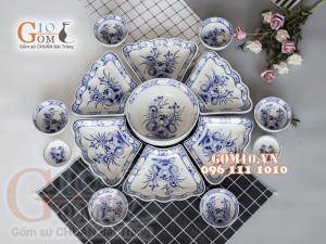 Bộ đồ ăn Hoa Mặt Trời vẽ Sen xanh viền cổ 55cm