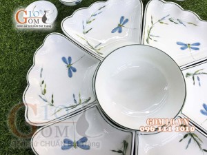 Bộ đồ ăn Hoa Mặt Trời men kem vẽ Trúc Chuồn