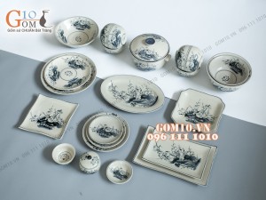 Bộ đồ ăn họa tiết hoa sen, men bóng S1