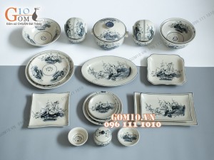 Bộ đồ ăn họa tiết hoa sen, men bóng S1