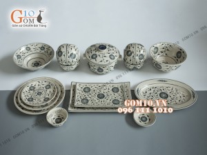 Bộ đồ ăn men bóng, họa tiết hoa móc