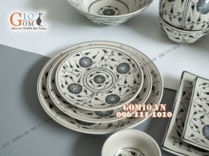 Bộ đồ ăn men bóng, họa tiết hoa móc