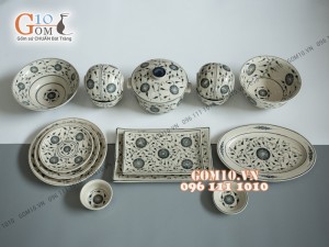 Bộ đồ ăn men bóng, họa tiết hoa móc