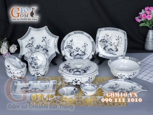 Bộ đồ ăn men chàm cổ họa tiết sen đen 001