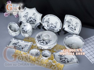 Bộ đồ ăn men chàm cổ họa tiết sen đen 001