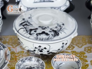 Bộ đồ ăn men chàm cổ họa tiết sen đen 001
