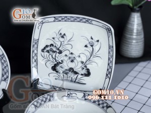 Bộ đồ ăn men chàm cổ họa tiết sen đen 001