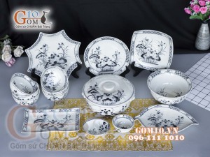 Bộ đồ ăn men chàm cổ họa tiết sen đen 001