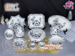 Bộ đồ ăn men chàm cổ họa tiết sen đen 002