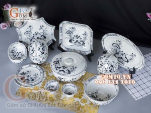 Bộ đồ ăn men chàm cổ họa tiết sen đen 002