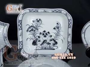 Bộ đồ ăn men chàm cổ họa tiết sen đen 002
