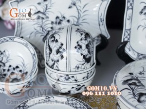 Bộ đồ ăn men chàm cổ họa tiết sen đen 002